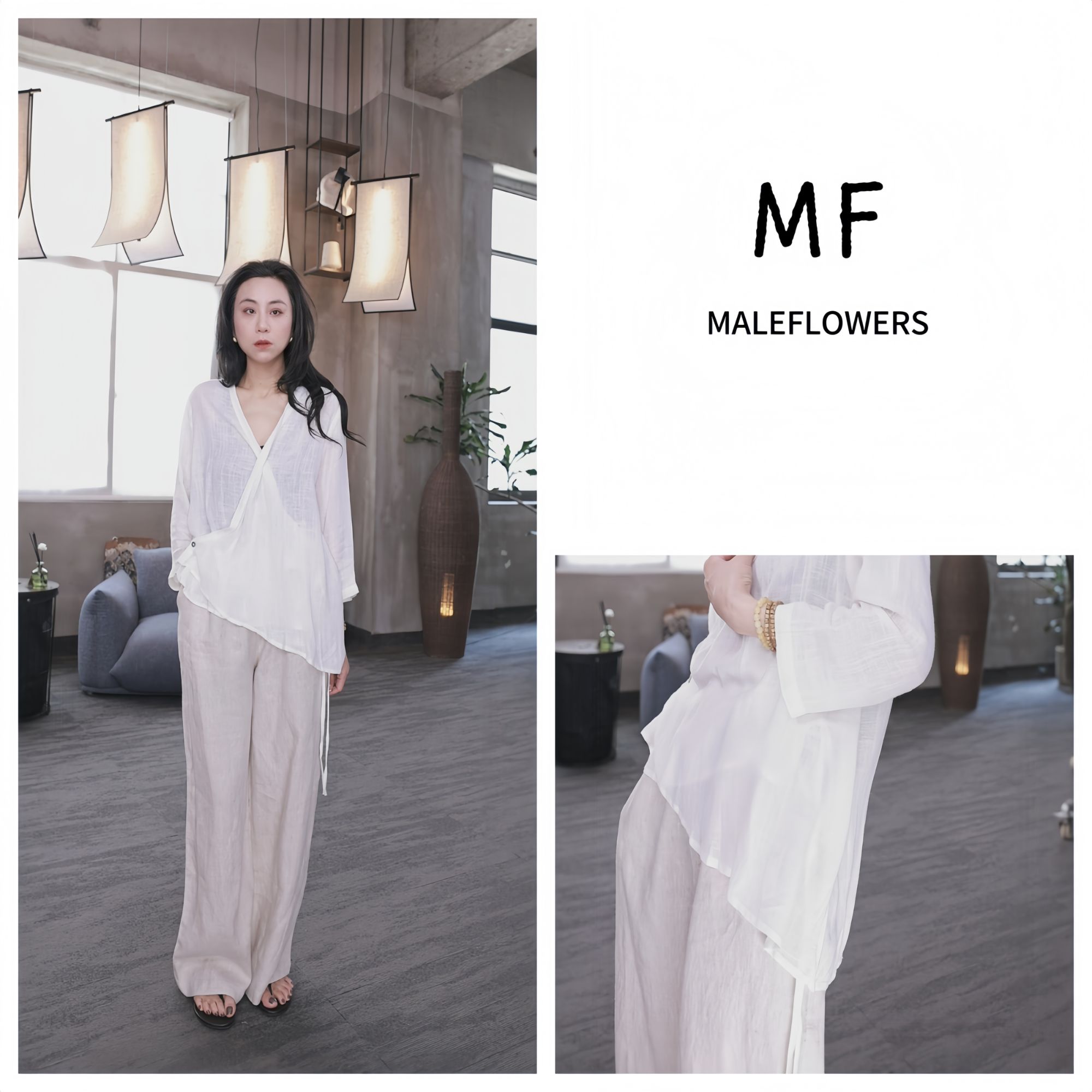 东倪MF禅意复古风 V领简约宽松纯色斜襟衬衫 85B5042