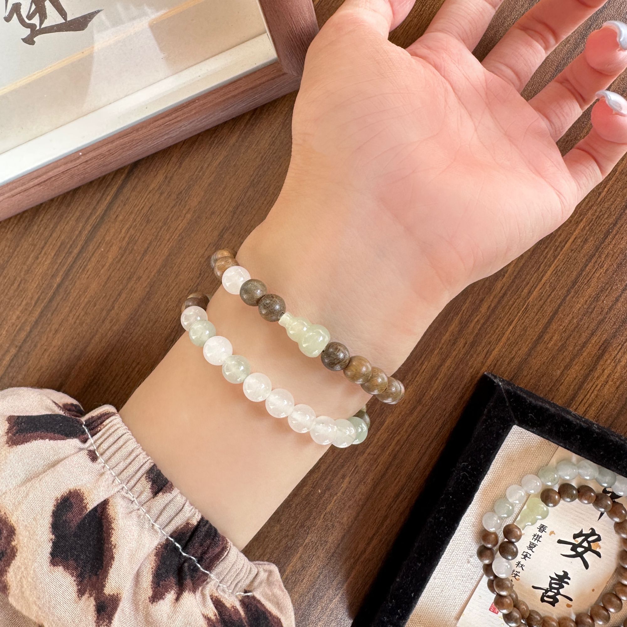 「半山烟雨」6mm绿檀和田玉葫芦天山翠双圈手串静心养性原创小众