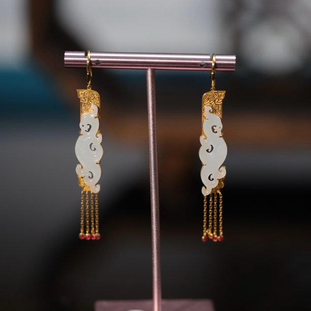 和田玉凤凰耳坠耳环流苏精致娘娘款中式宫廷风18K金