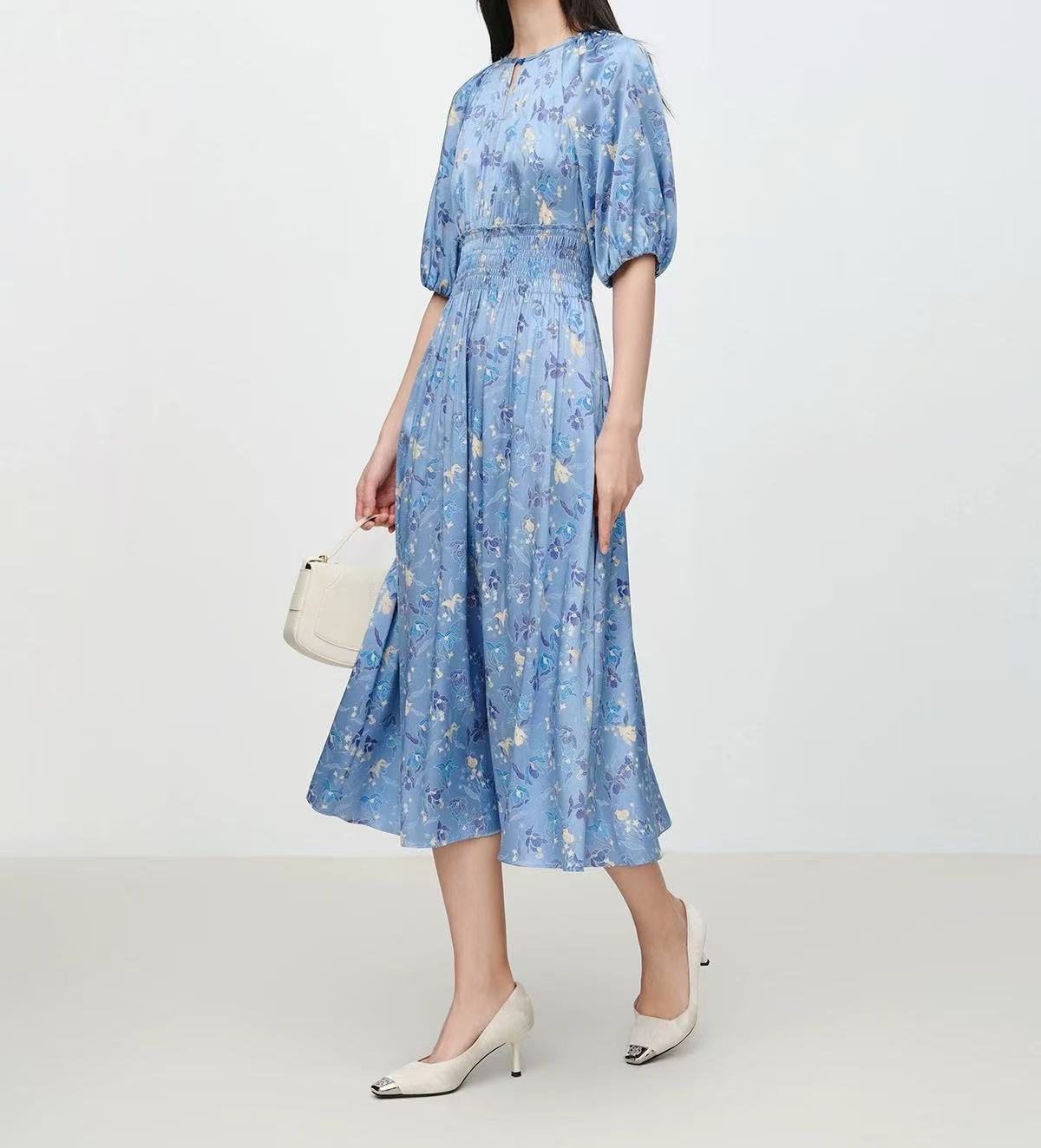 【雅】裙长116，2025新款气质弹力印花收腰泡泡袖连衣裙-6736