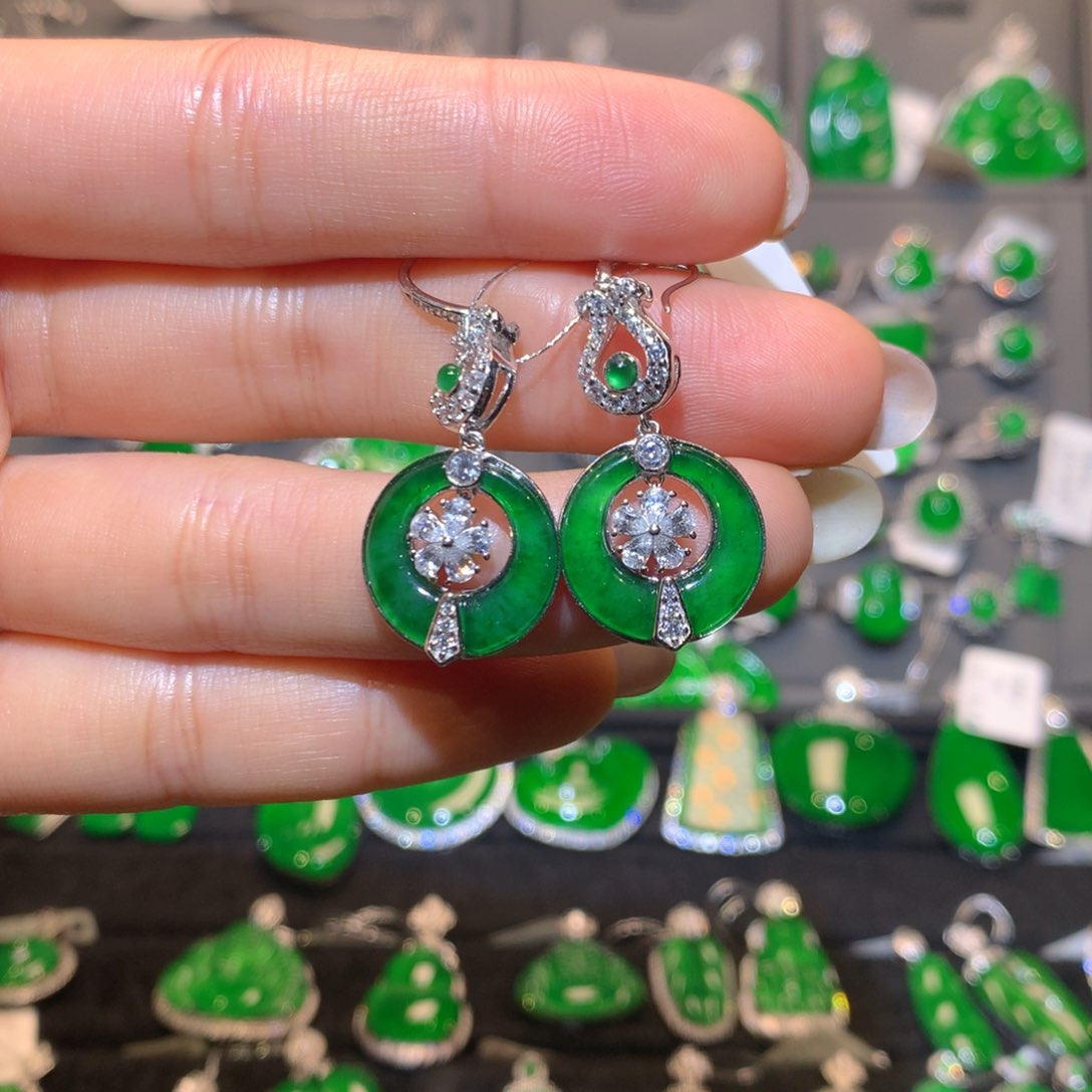 翡翠耳饰银S925镶嵌福禄