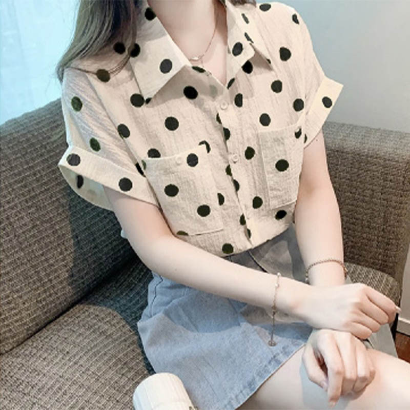 （女装）6001 夏季新款气质宽松洋气减龄波点polo领短袖衬衫上衣