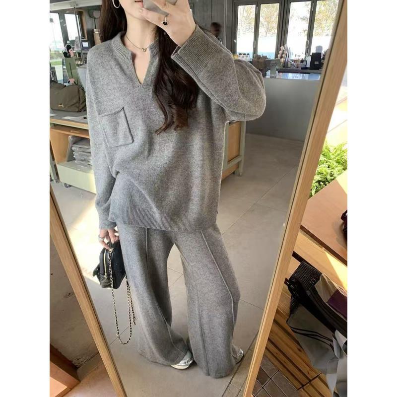 休闲风半开领套头时尚套装上衣+裤子简约长袖纯色穿搭简约通勤潮