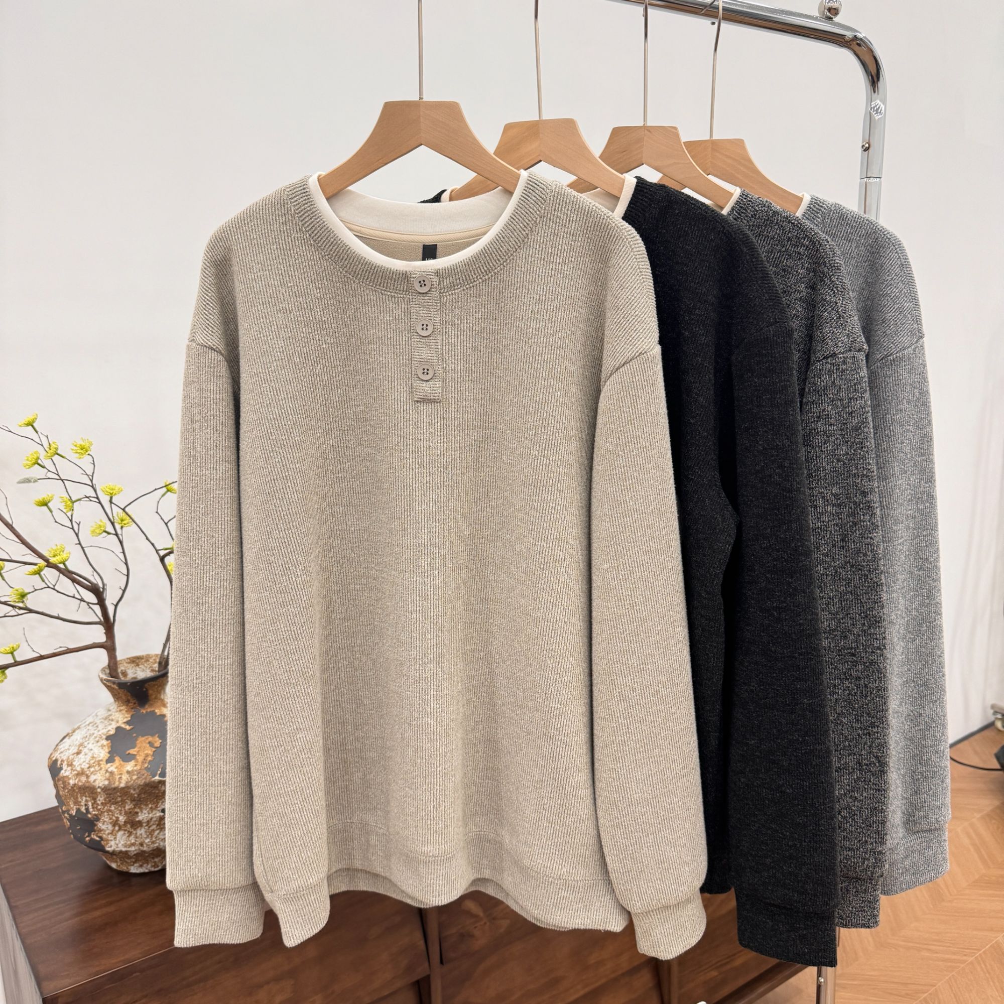 【若若美】O-8412男秋冬圆领长袖卫衣休闲加绒假两件纯色休闲毛衣