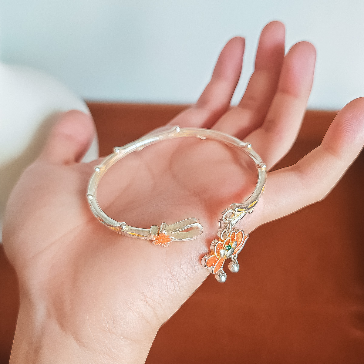 足银手镯 足银珐琅手镯  b132 描金花枝古风手镯女新中式镯子19