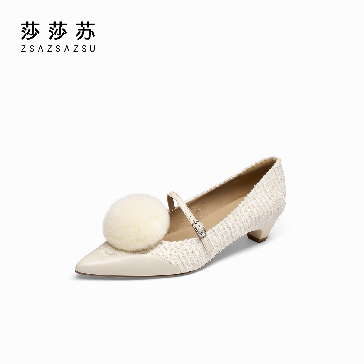 【爱】莎莎苏秋新款俏皮球球尖头小猫跟法式玛丽珍女鞋ZA54515-14