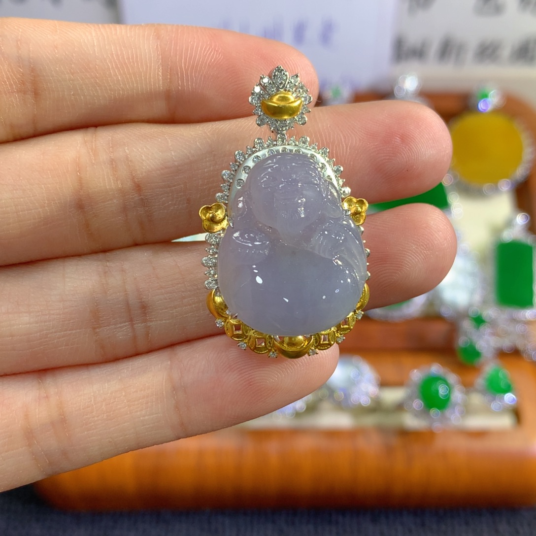 翡翠18K金镶嵌吊坠(不含链)财神