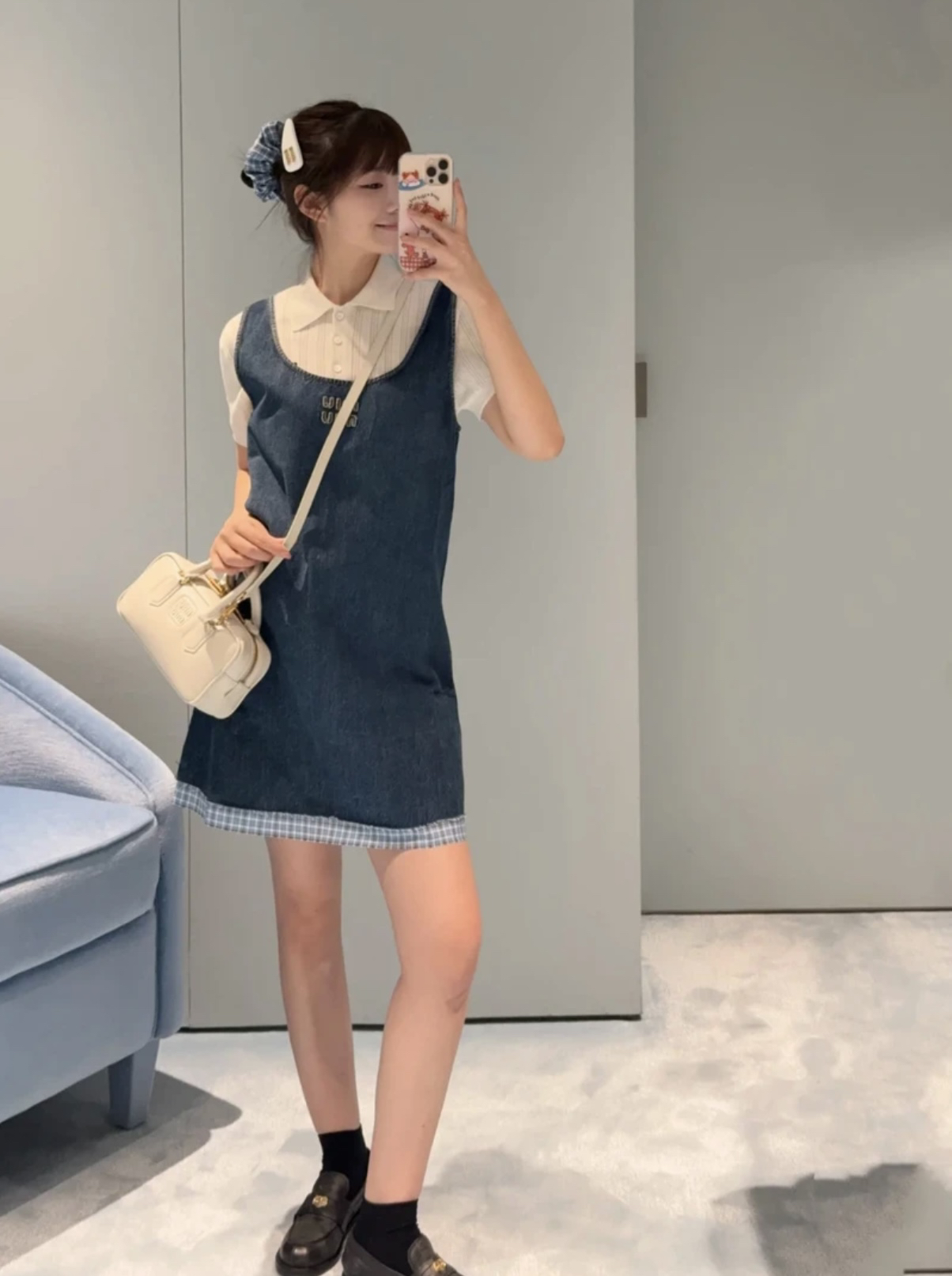 MM牛仔拼接蓝格背心裙