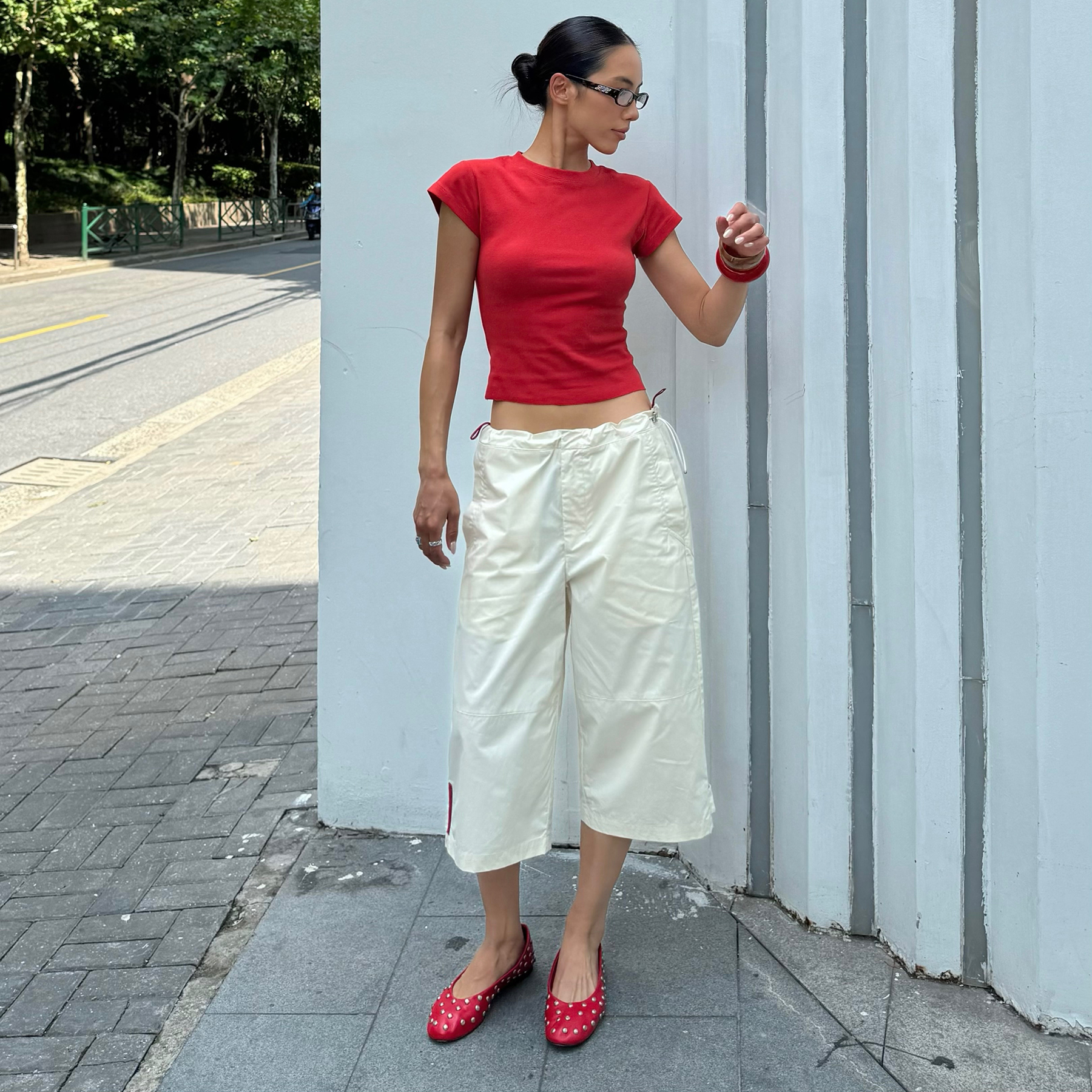 ICVIBE 红标藏品·复古时髦 定制纸感面料 可调节腰围米色7分裤