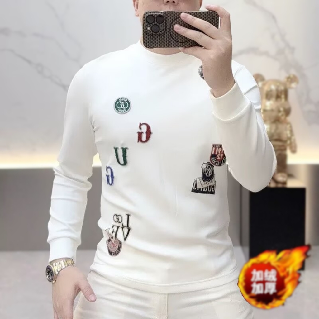 欧货秋冬新款男士休闲时尚刺绣中领加绒卫衣潮流修身帅气长袖打底