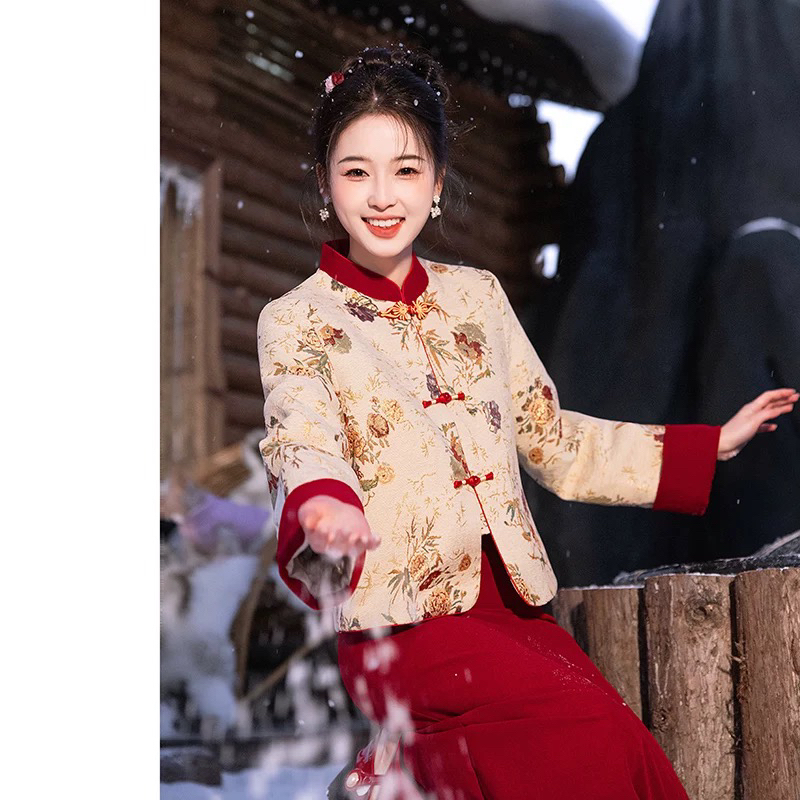 （新年战袍）旗袍搭配冬季敬酒服新娘订婚礼服新中式新年战袍拜年服