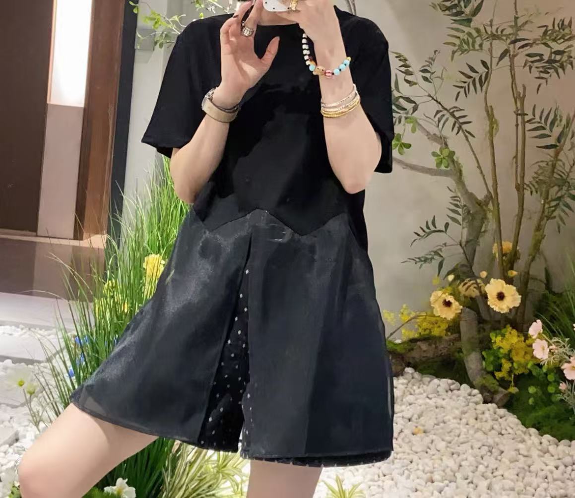 A2902黑拼网纱韩版气质高级感T恤