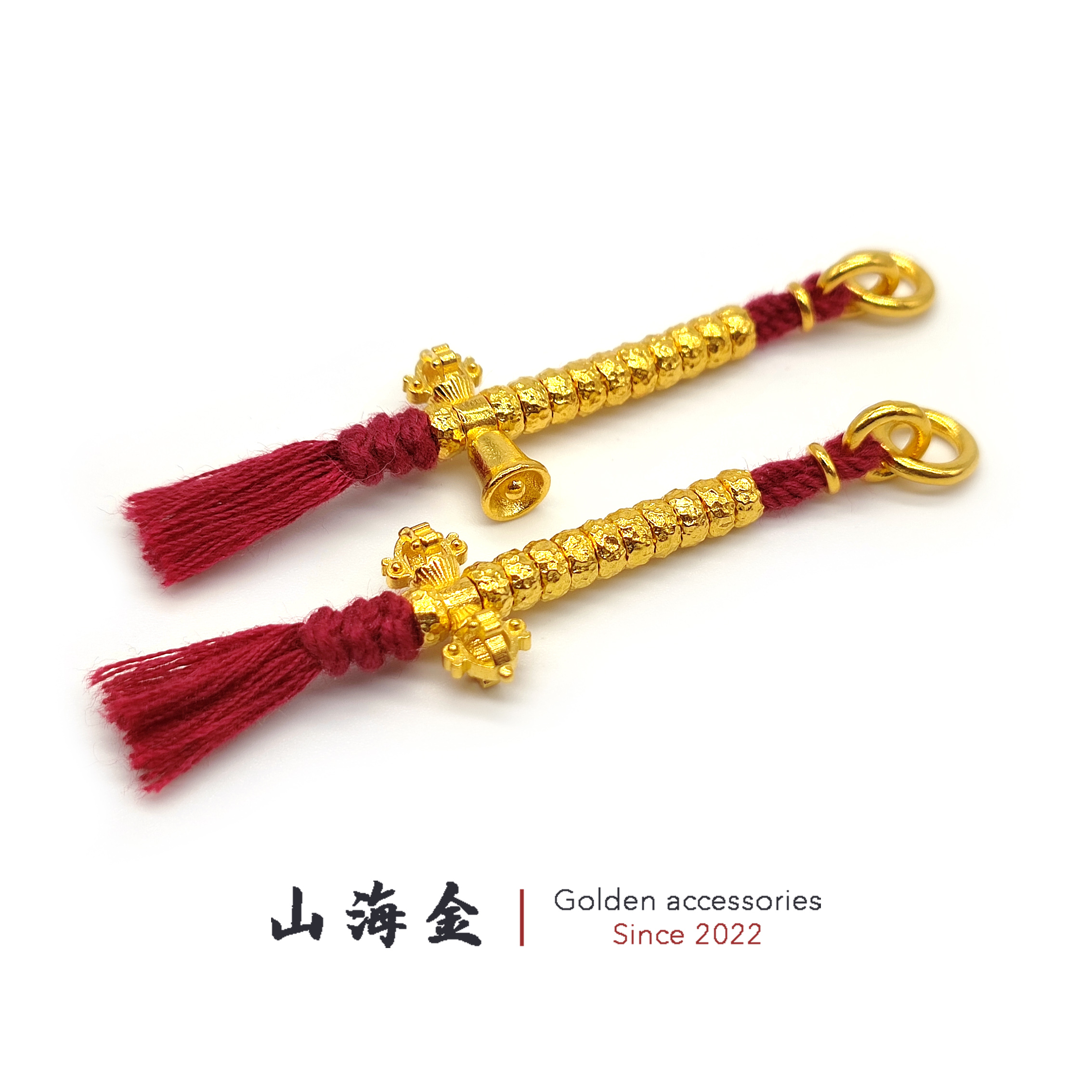 山海金 24K金999足金实心锤纹金刚杵铃卡子侧挂佛珠手串配饰