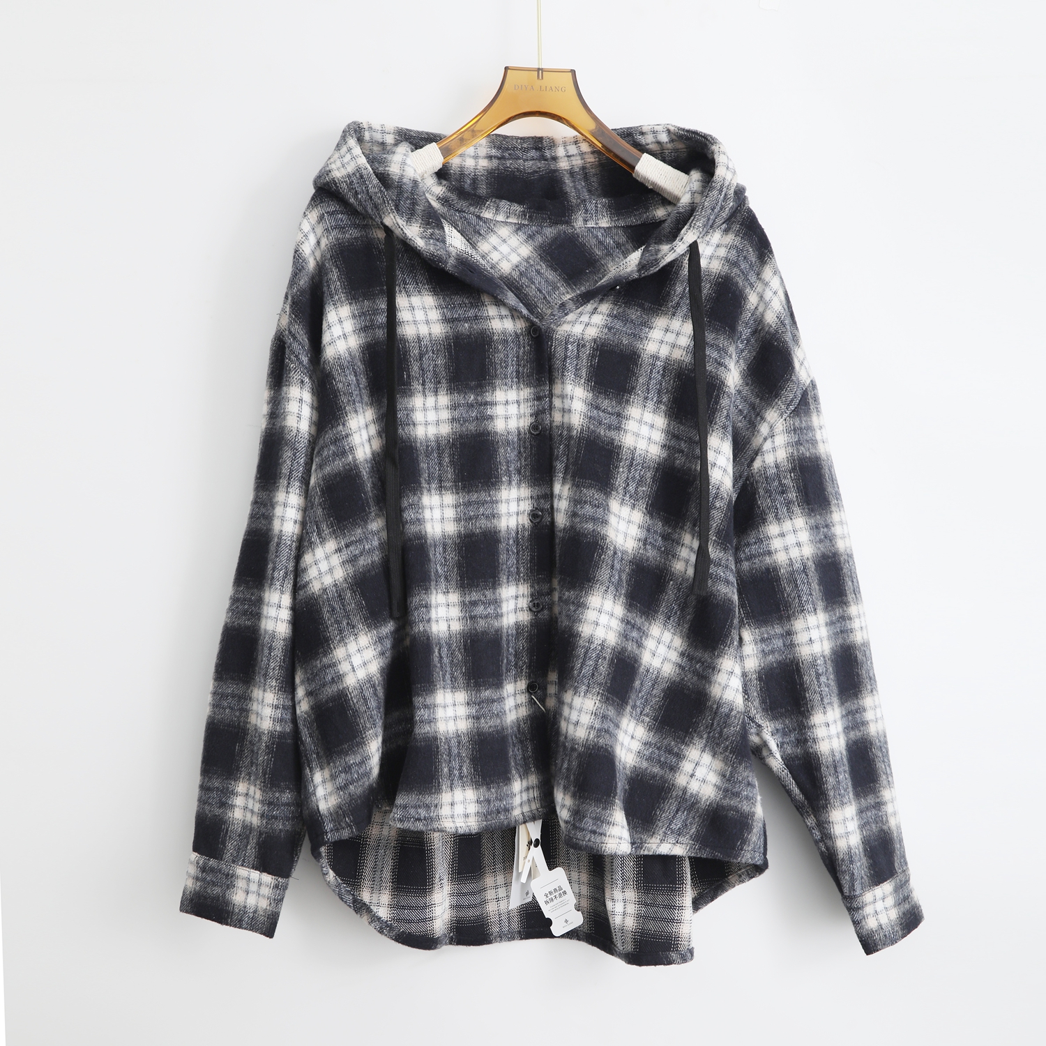 连帽衬衫袖格子轻熟风条纹衬衫女士外套秋季宽松冬季4091994XW