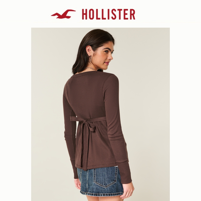 Hollister小海鸥图案25秋冬新款亨利领长袖内搭T恤女装339-5348