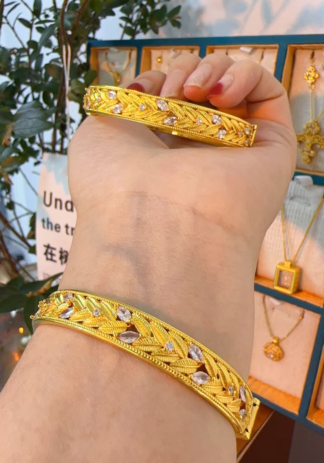 铜合金合成锆石手镯 SQ思岐新中式-花丝镙钿麦穗点锆手镯6005