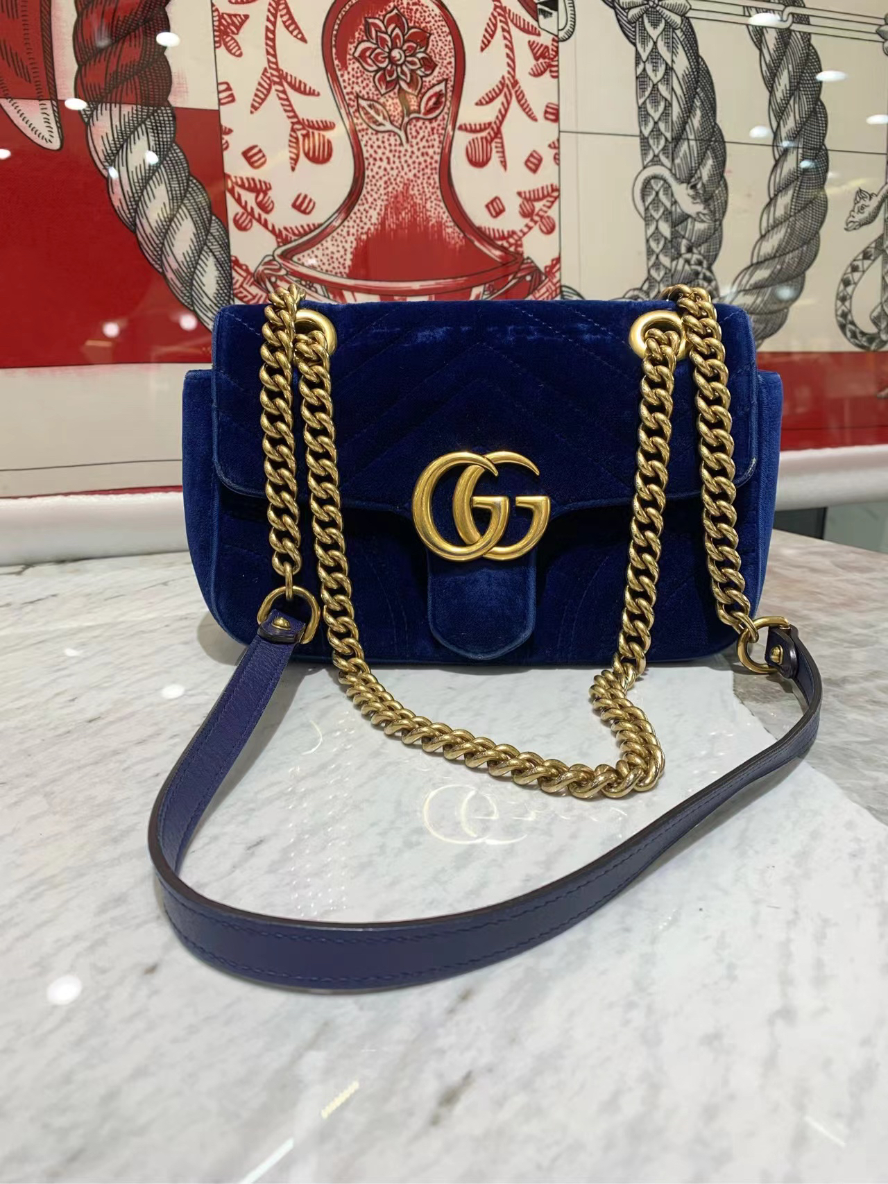 95新 GUCCI/古驰 深蓝色马蒙金标Logo绗缝女士经典单肩包