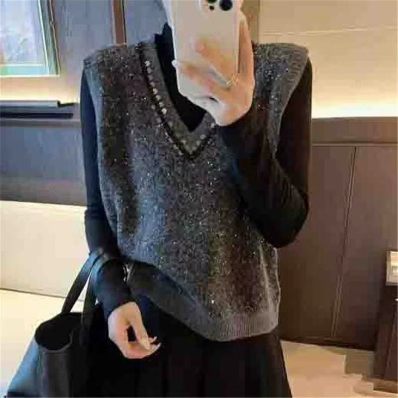 欧货秋冬亮片V领针织马甲背心女高级感2025马甲女款2025新款爆款