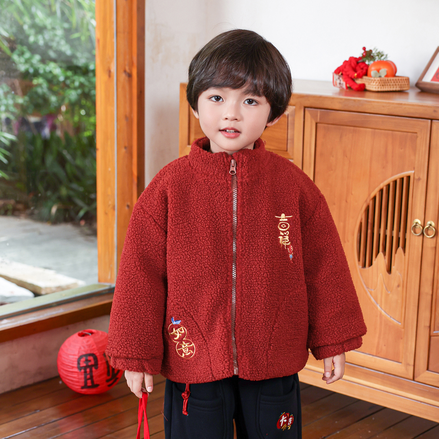 新年男童摇粒绒外套加厚儿童棉衣冬装宝宝拜年服国风唐装红色上衣