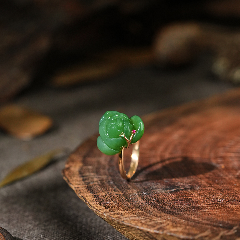 【博姐臻选】和田玉碧玉18K金莲花戒指气质时尚女款国风J0833