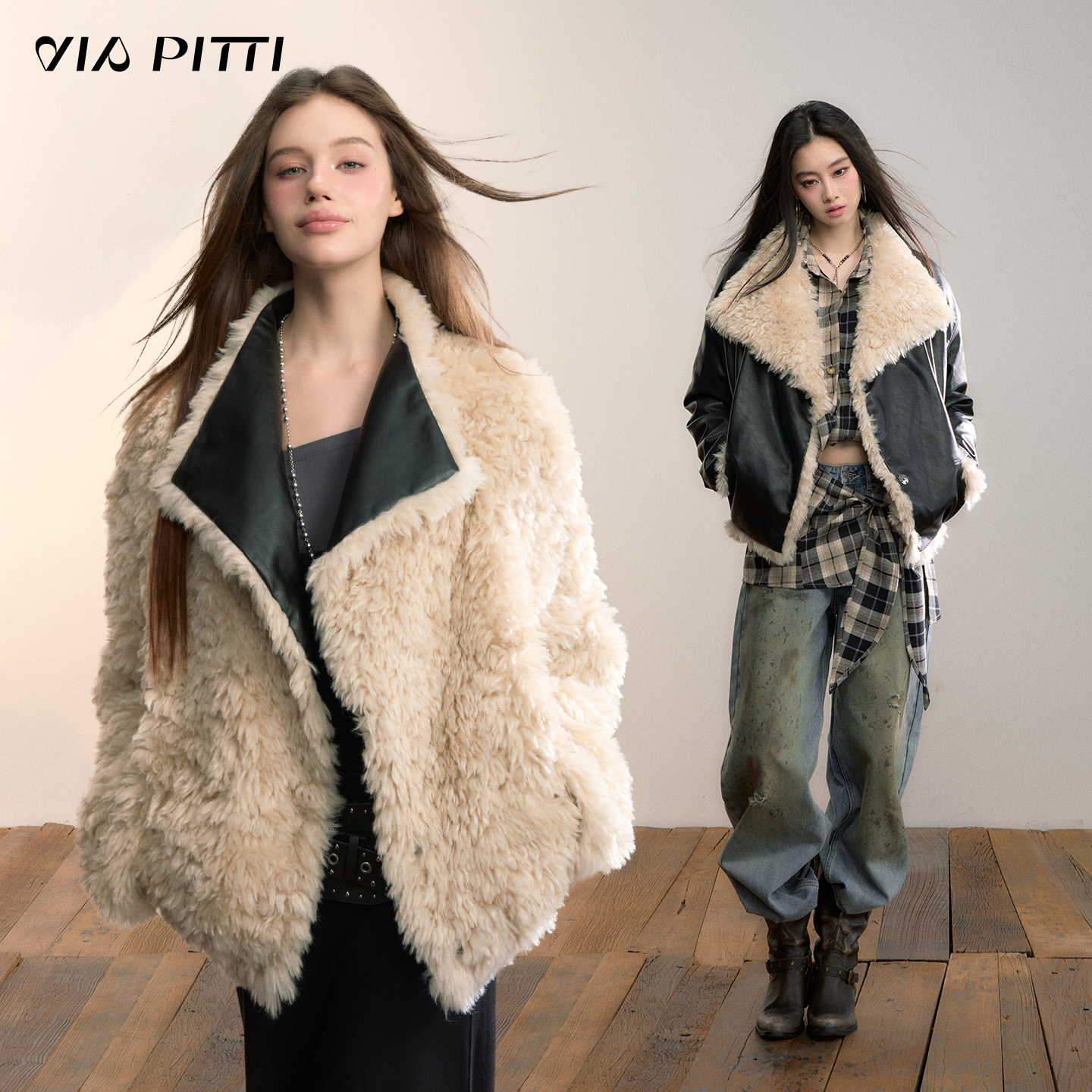 ViaPitti 人造皮草 【达人专属】正反两穿毛毛拼皮保暖外套VIADC665