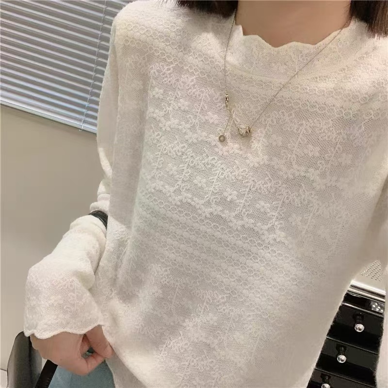 韩系秋冬圆领蕾丝花边气质针织衫纯色软糯内搭打底衫女