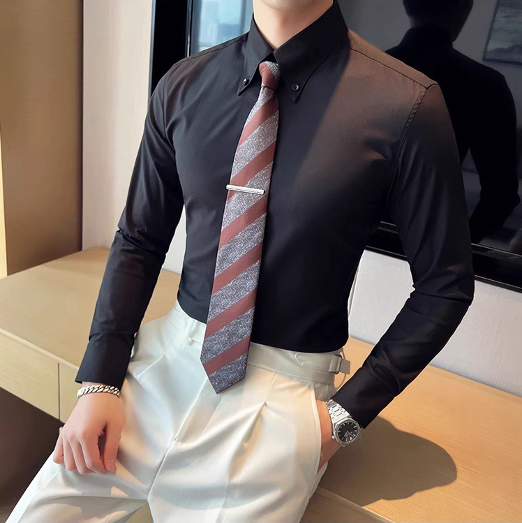 S988 法式衬衫男高级感大领秋季韩版修身潮流商务休闲长袖衬衣