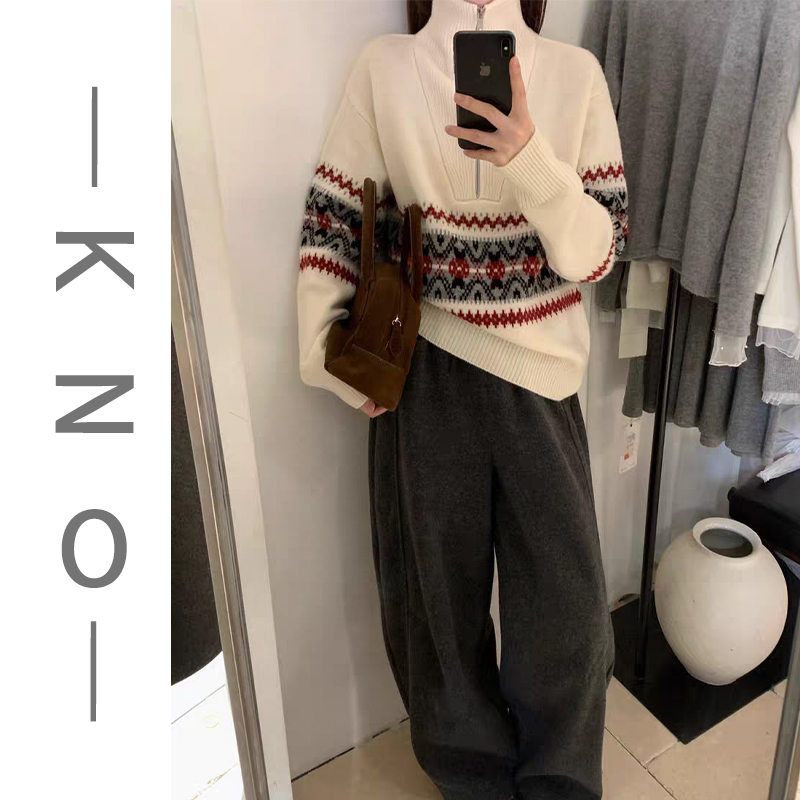 【KNO】秋冬新款两色半拉链ZH费尔岛织花羊毛洋气质感女士