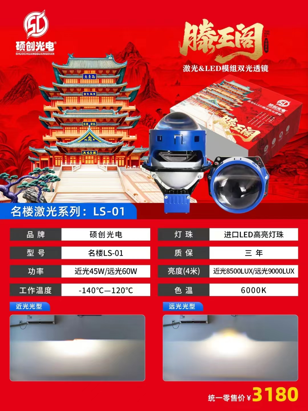 硕创名楼系列  LS激光透镜  反射激光款  近光100米  远光800米