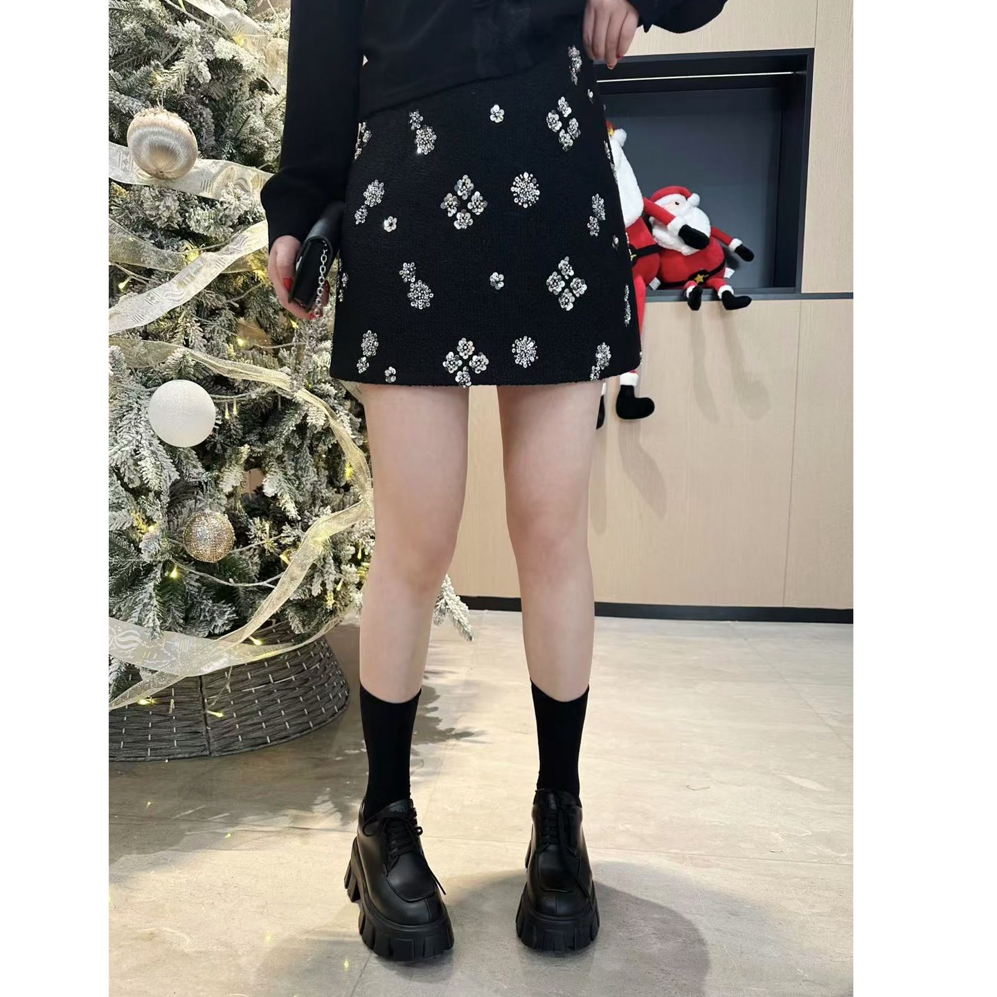 琪琪怪怪大码女装【星辰晚宴】烫钻亮闪高腰气质半身裙D26222QQ