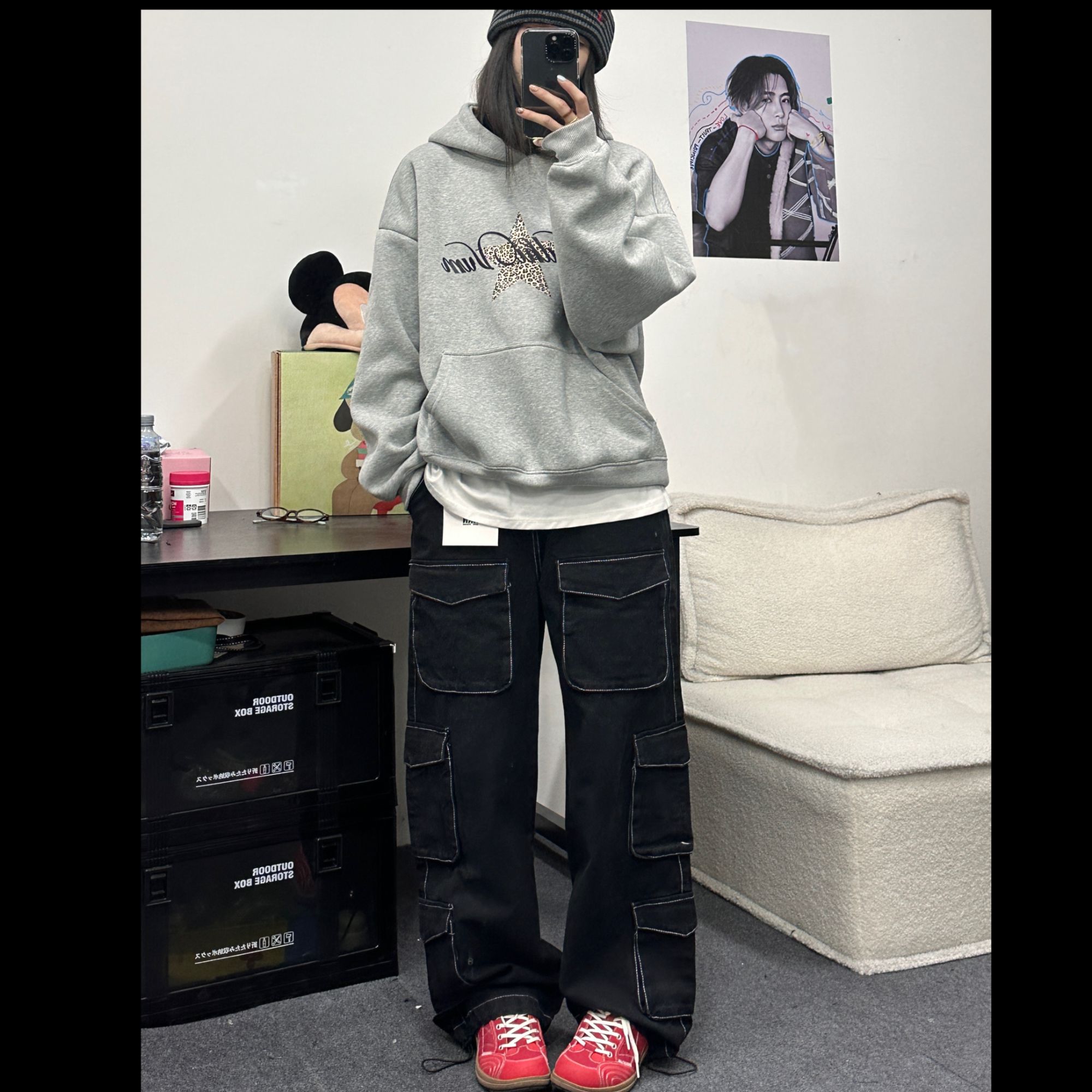 BEIDUO11家美式男女同款明线多口袋工装牛仔裤