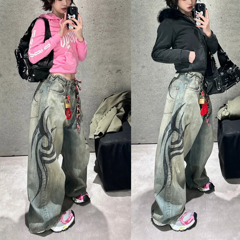 美式高街2025秋冬新款炸街潮款8+Y2K男女同款图腾阔腿牛仔裤