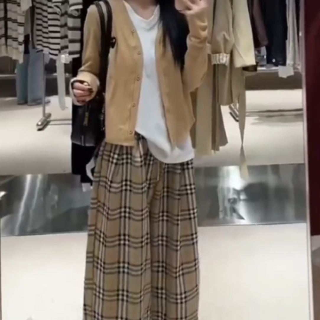 【大碗】日系潮牌爱心开衫毛衣休闲慵懒格纹长裤套装