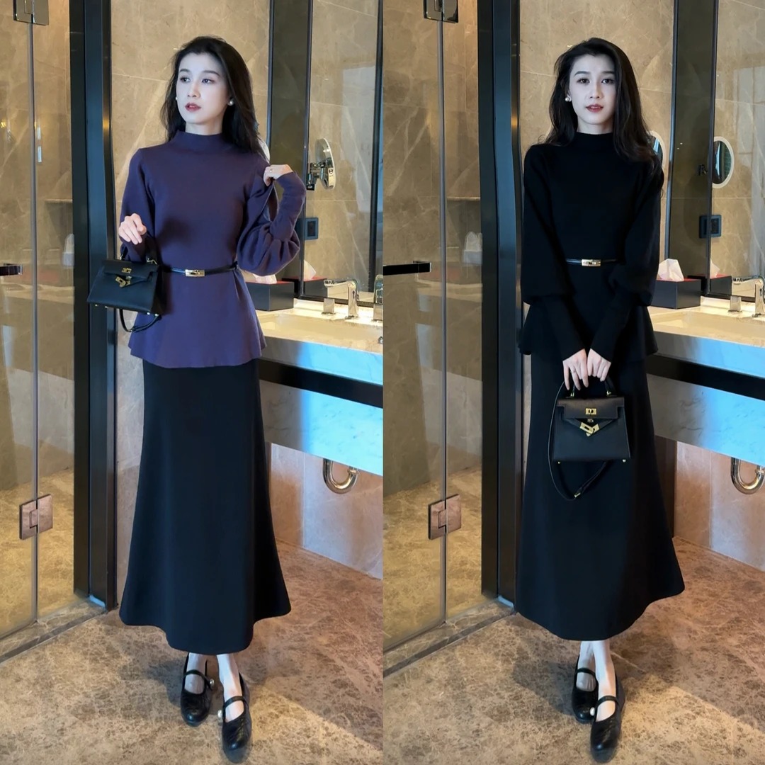 加厚收腰毛衣半高领灯笼袖气质针织衫女百搭套头时尚上衣I9-11