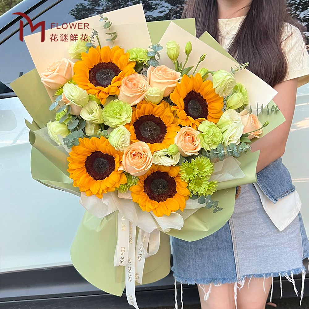 【长日欣喜】5朵向日葵混搭香槟玫瑰花束送朋友送同学毕业花束生日礼物生日鲜花女士花店送花上门