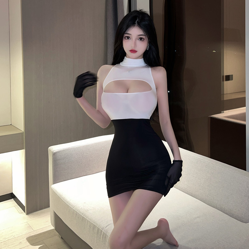 大码性感露背内衣秘书装性感露胸辣妹镂空紧身超短包臀裙黑色