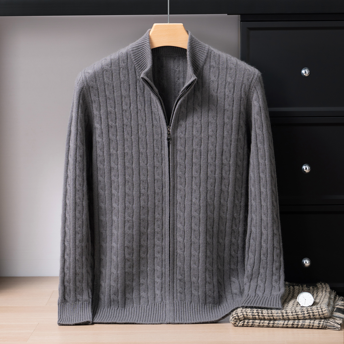 100%纯山羊绒开衫男半高领拉链扭花秋冬加厚针织毛衣外套540g