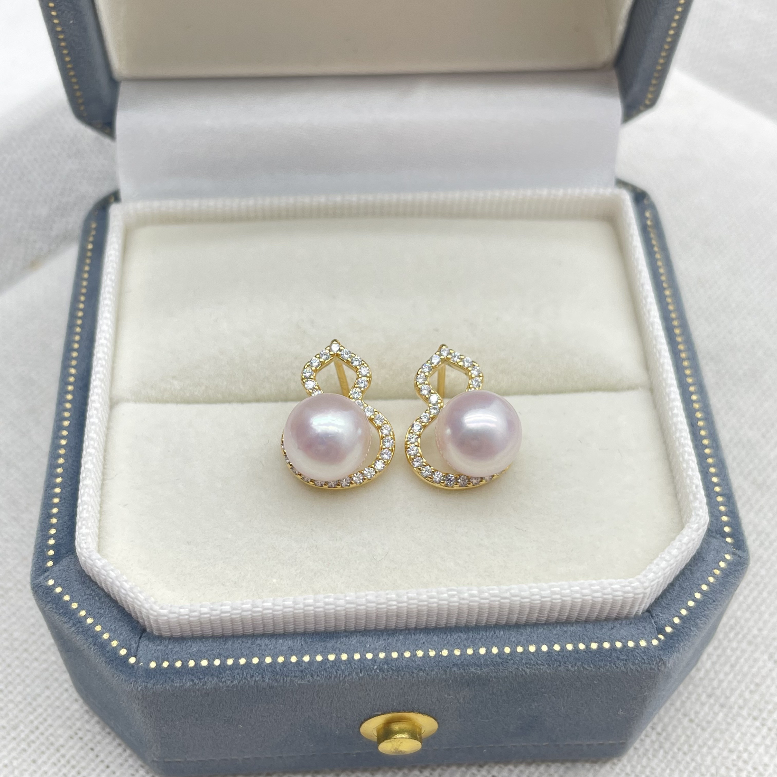 海水akoya葫芦耳钉S925樱花粉7-8mm