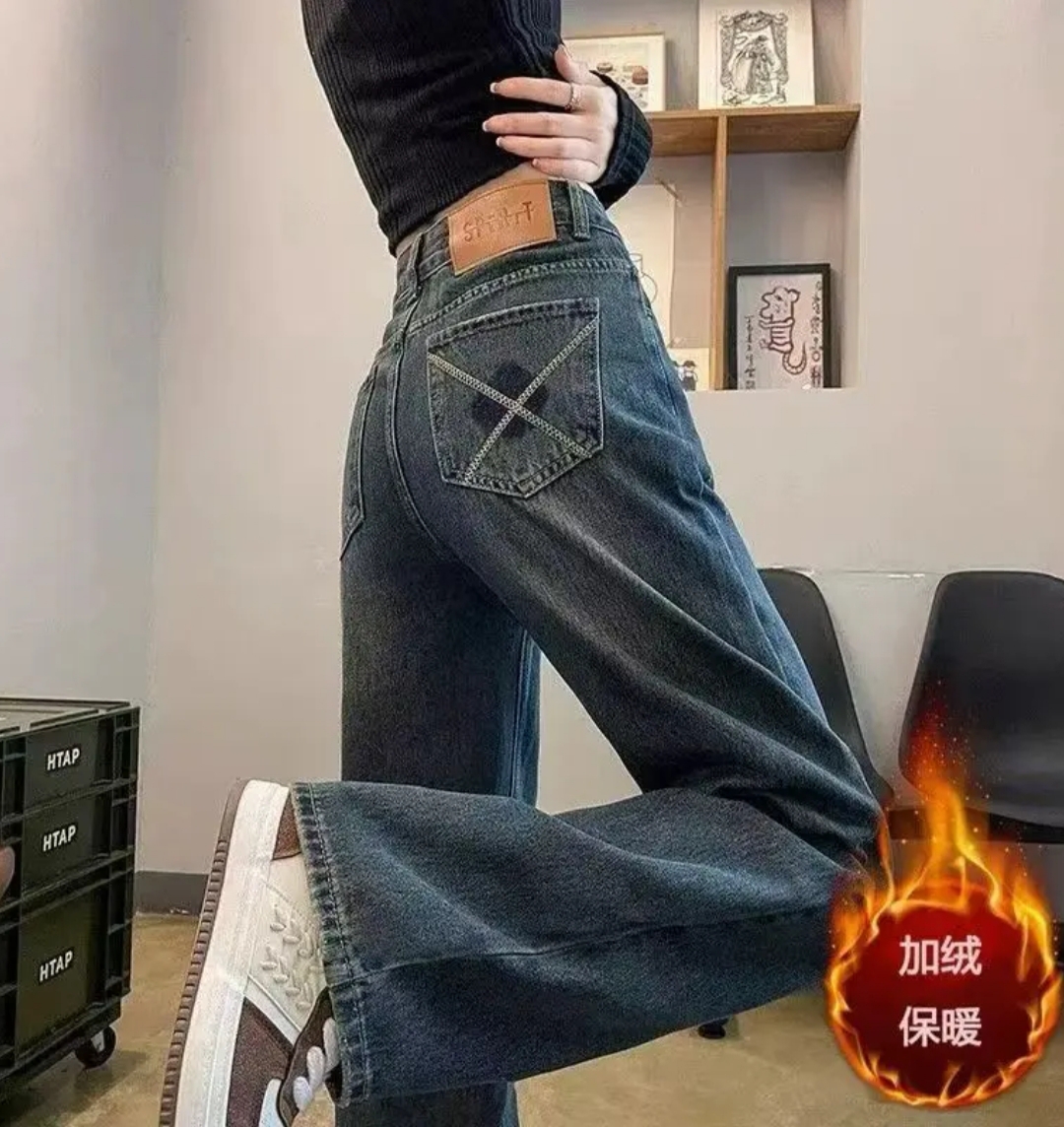 【加绒+运费险】水泥灰新款潮流牛仔裤女冬季宽松显高显瘦百搭简约