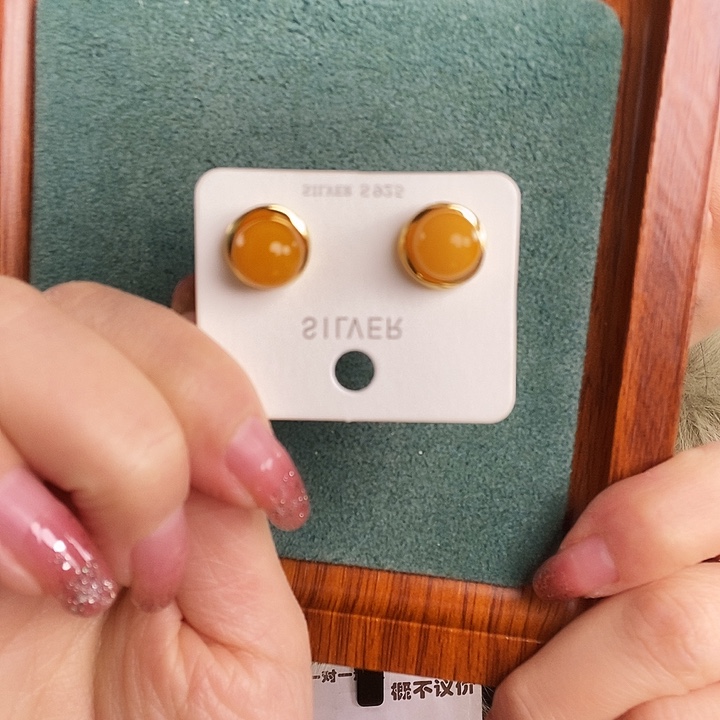 蜜蜡银S925镶嵌耳饰耳钉