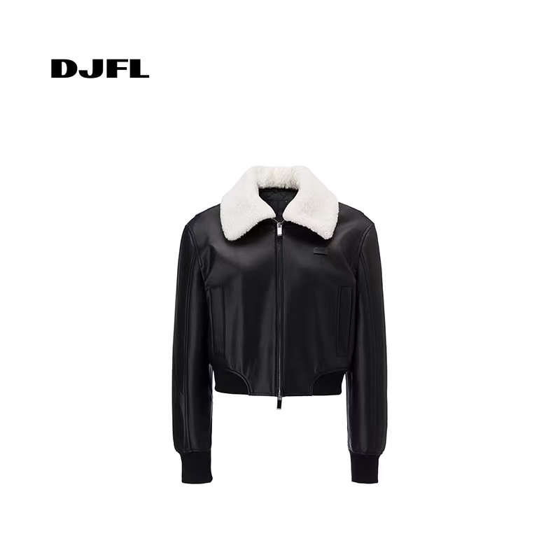DJFL 25FW 黑色PU皮拼接毛领夹克外套(no退，支持换款换码）
