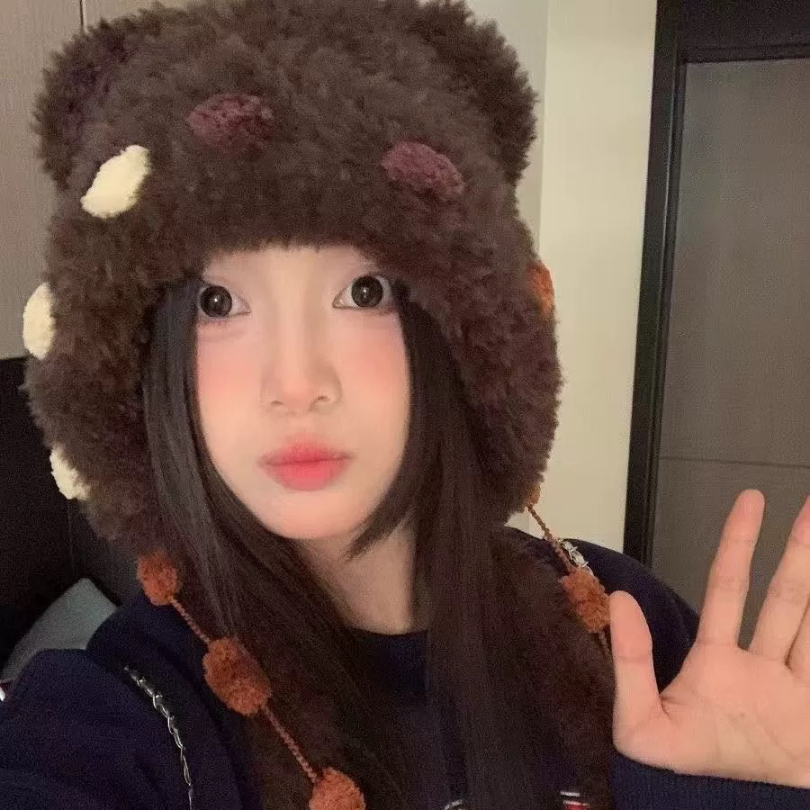 可爱拼色加厚毛绒小熊耳朵毛线帽子女秋冬季保暖护耳显脸雷锋帽子