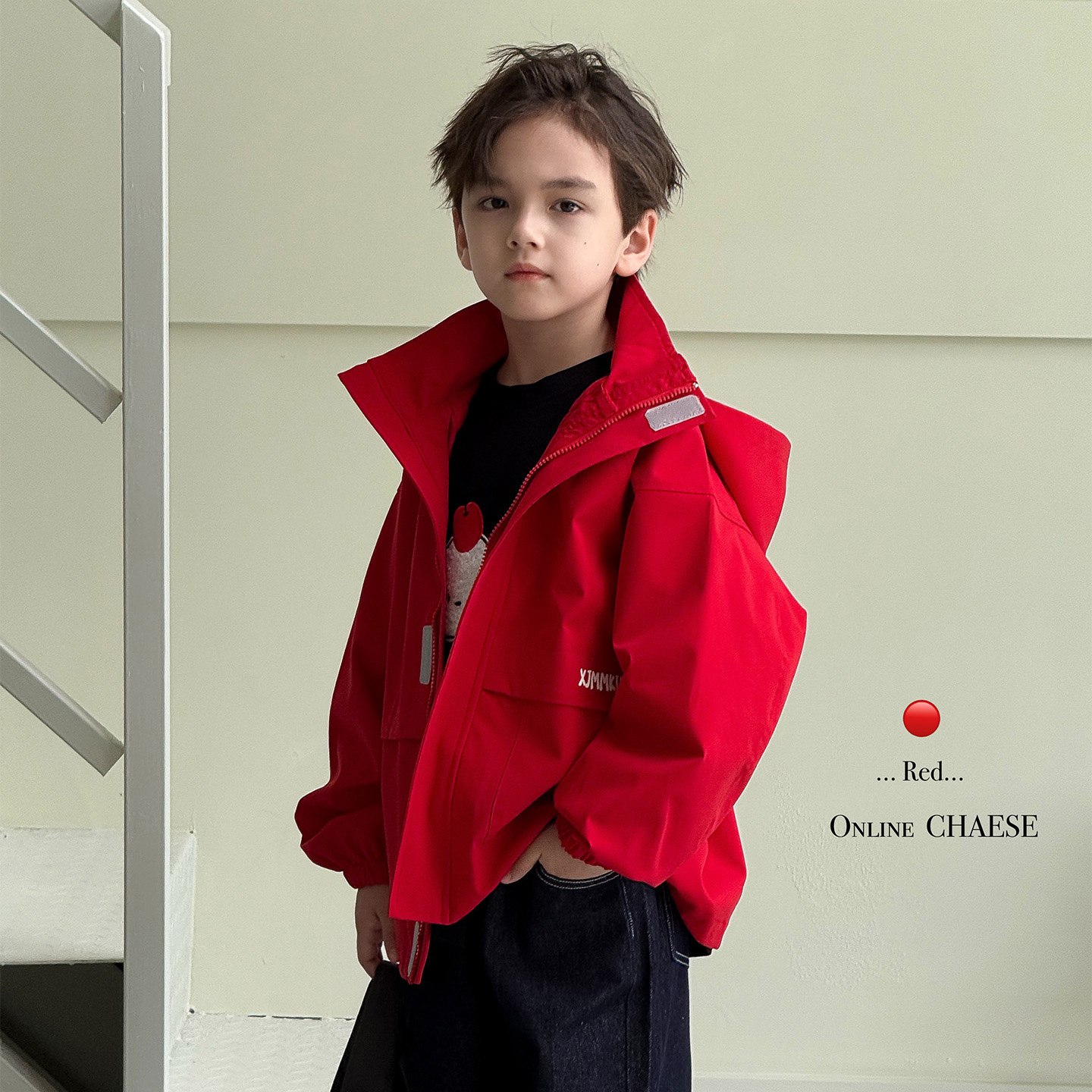 虾酱麻麻男童外套春秋季2025新款男孩衣服红色洋气连帽儿童装上衣