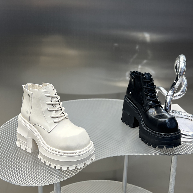 粗跟小短靴女2025秋冬新款小个子欧货厚底高跟加绒马丁靴DG5501-2