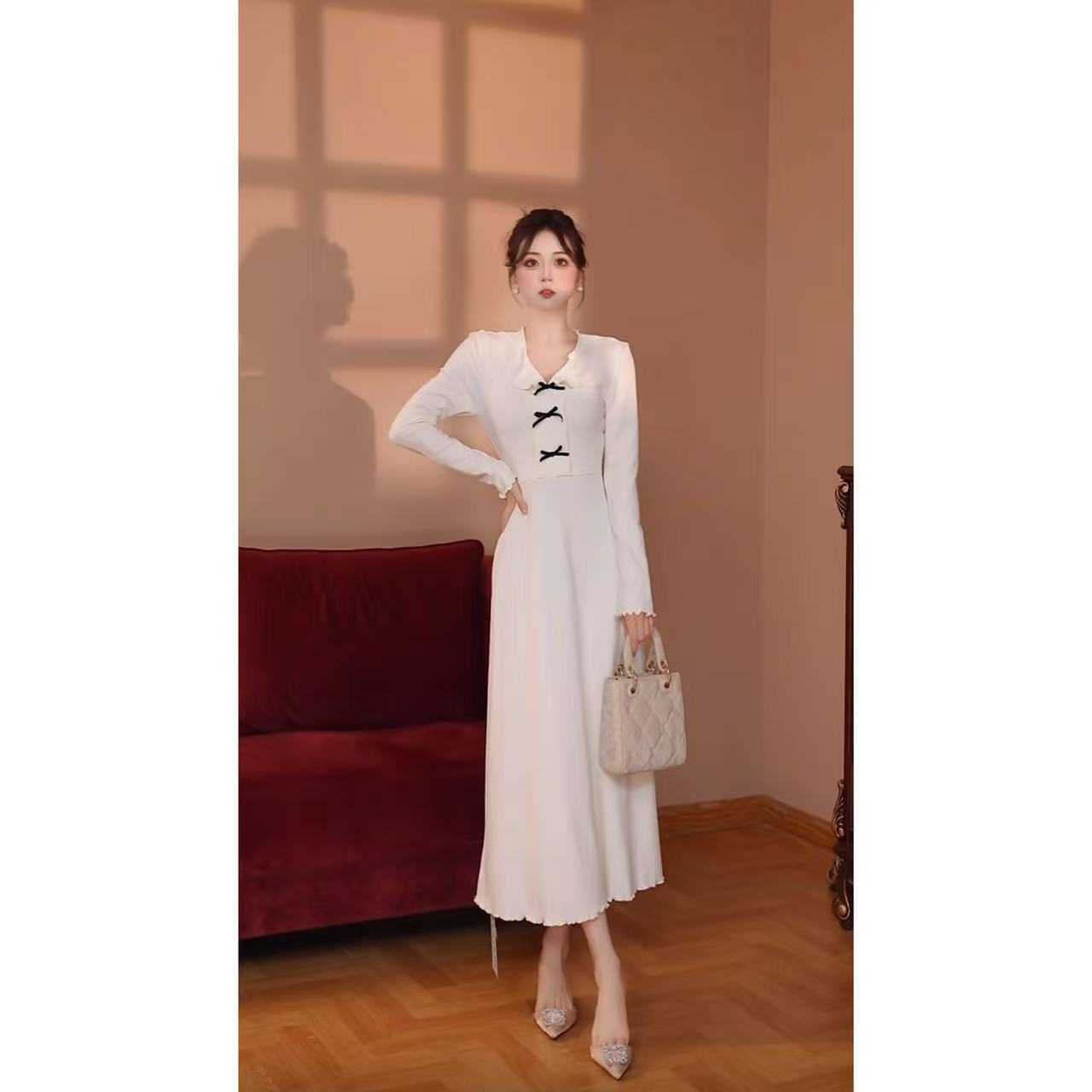 【瑞瑞定制】【无拉链】法式连衣裙千金风收腰a字裙D4416