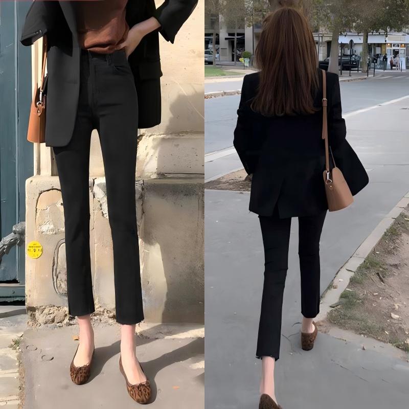 木木黑色毛边直筒九分牛仔裤女2025早秋新款高腰修身小个子烟管裤