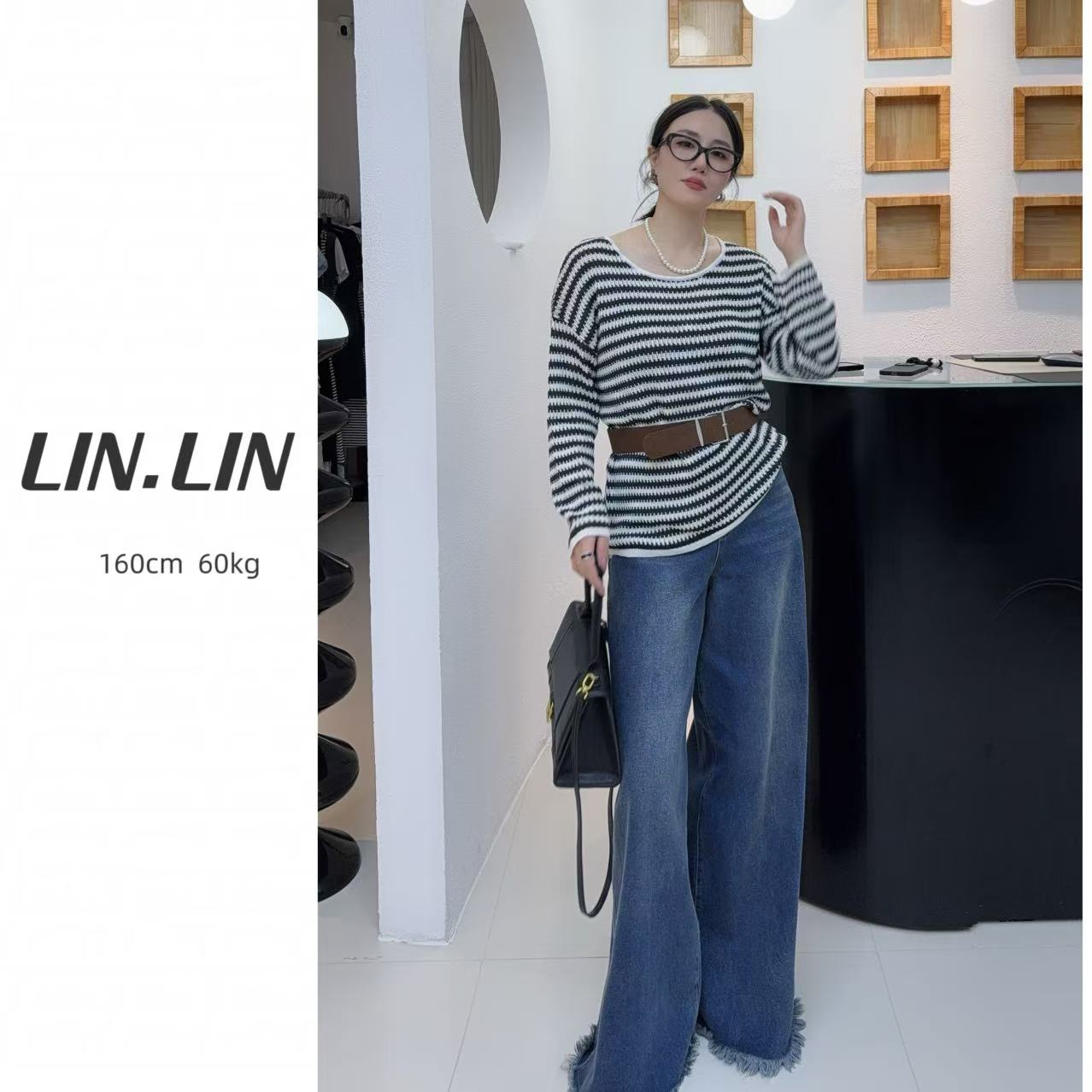 林林 韩系松弛感圆领条纹拼色长袖针织衫女宽松显瘦百搭上衣