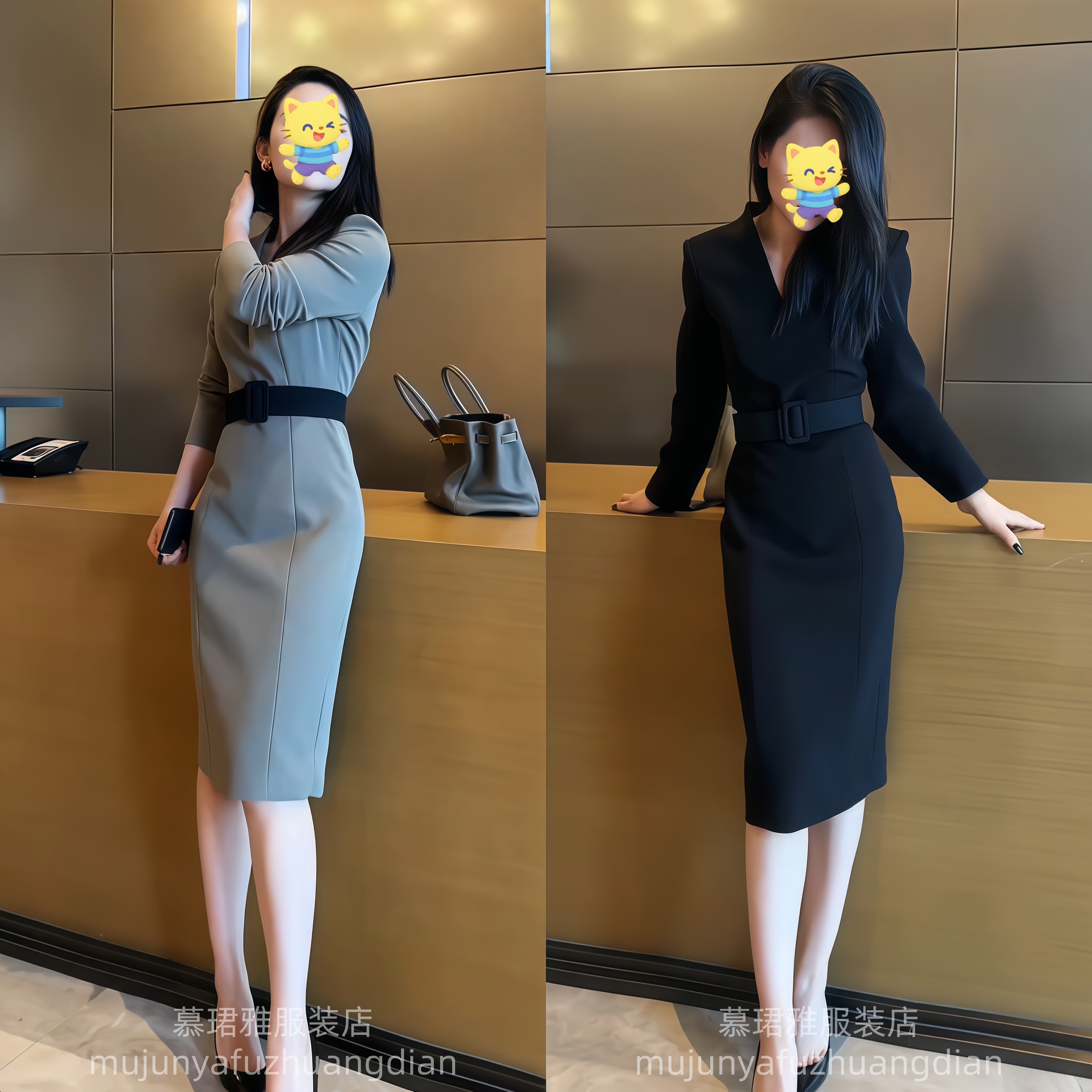 开叉连衣裙女秋季打底裙修身显瘦OL通勤职业装轻熟风西装裙子