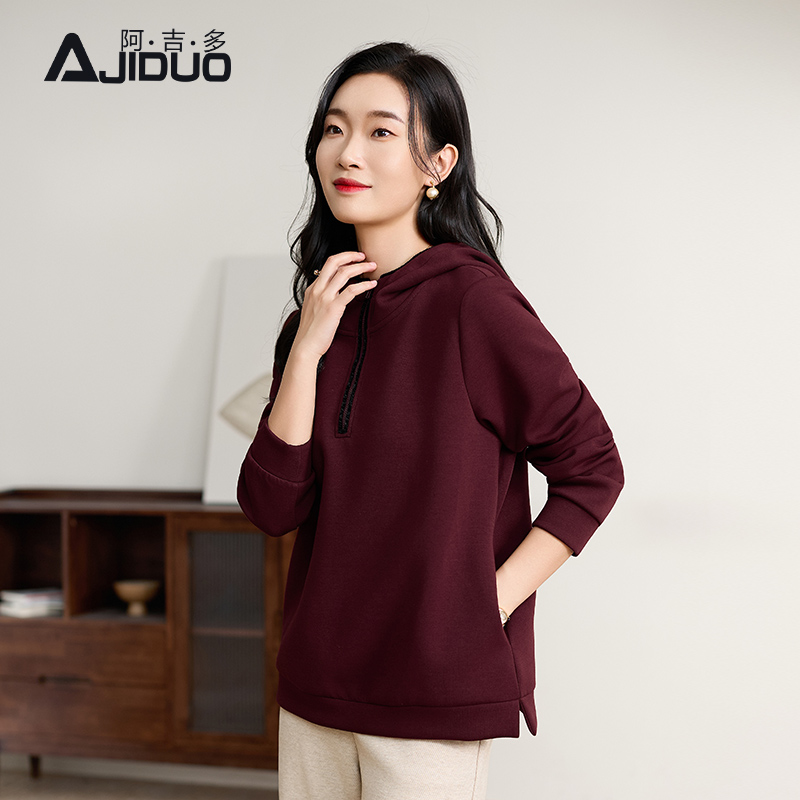 阿吉多长袖红色加绒保暖卫衣女秋冬新款半拉链休闲大码连帽上衣