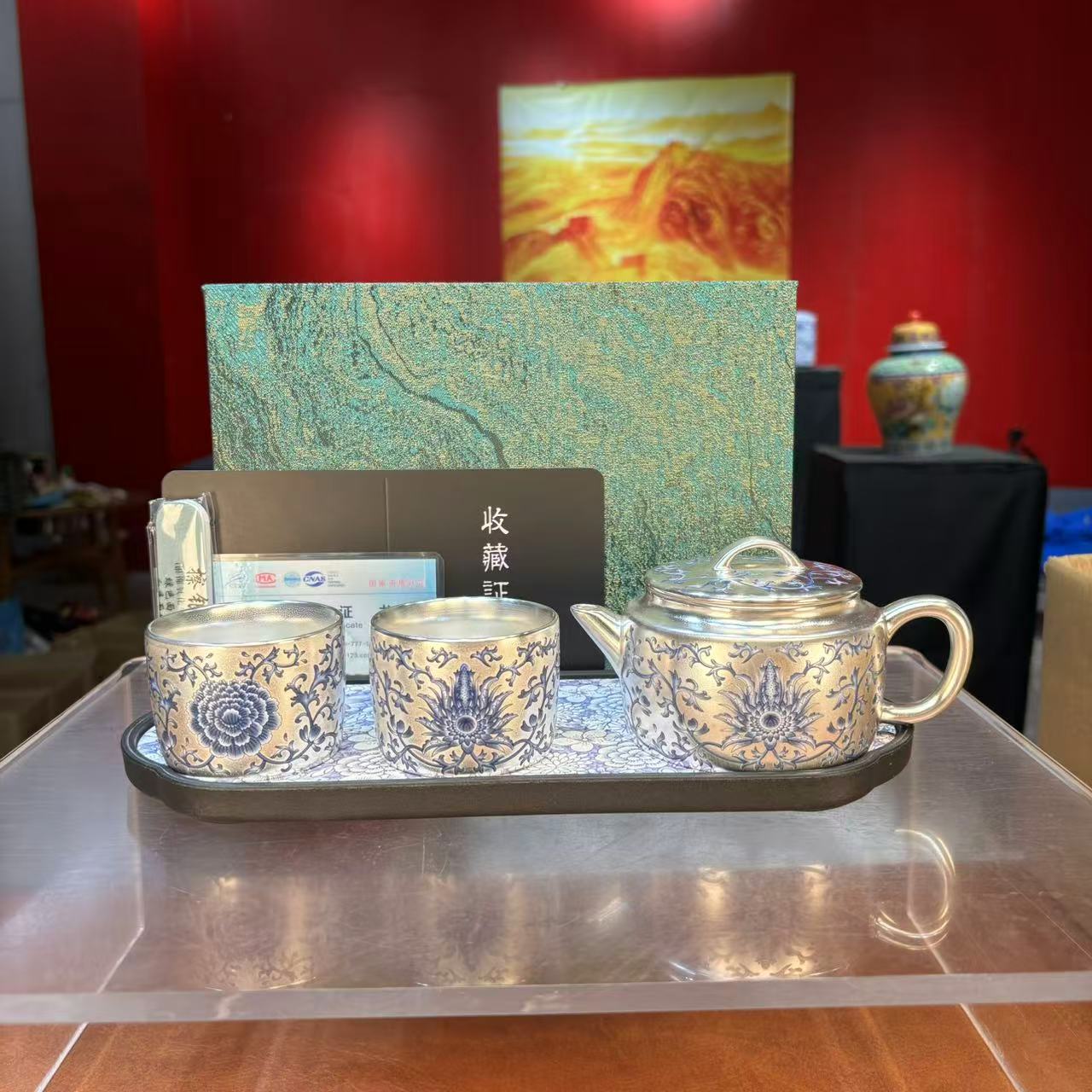 克克茶具 青花汉瓦银壶一壶两杯套装家用功夫茶具-2969
